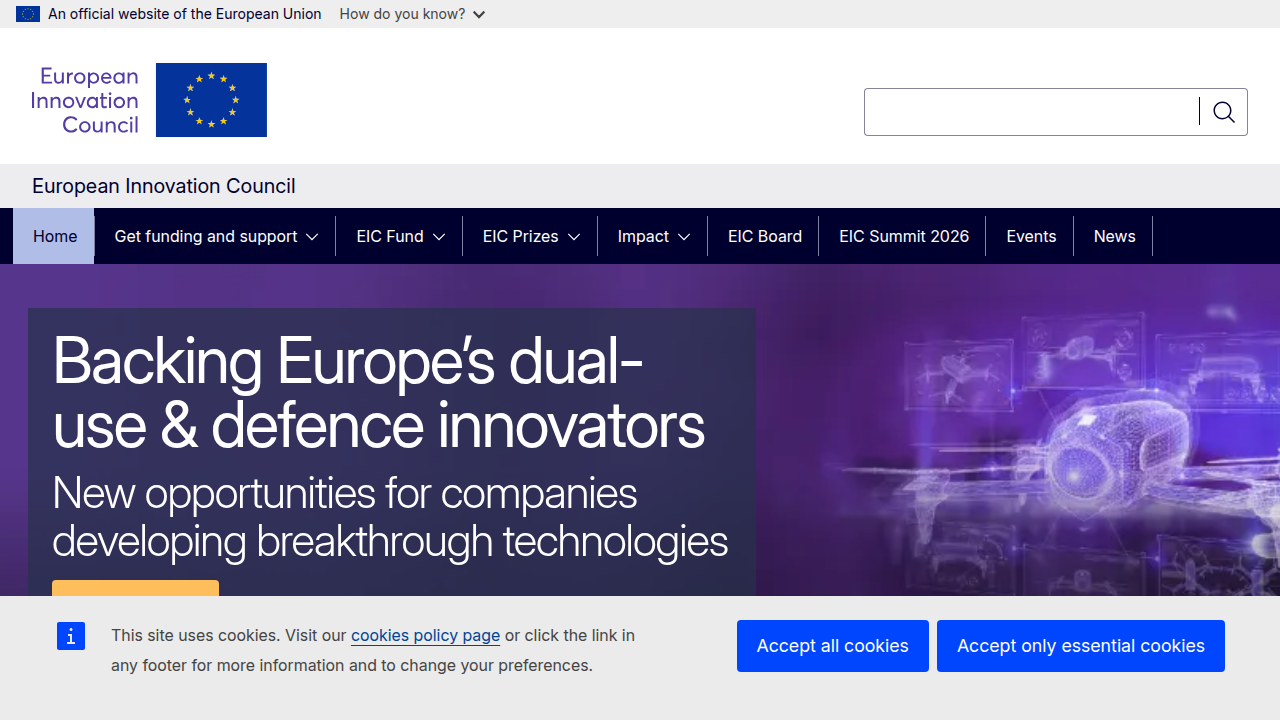 The European Innovation Council's homepage, a key institution driving deep tech development and policy within the EU.
