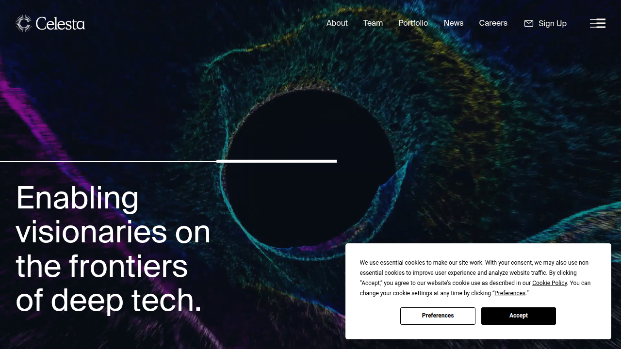 Celesta Capital's website, representing a leading deep tech venture capital firm investing in groundbreaking technologies.