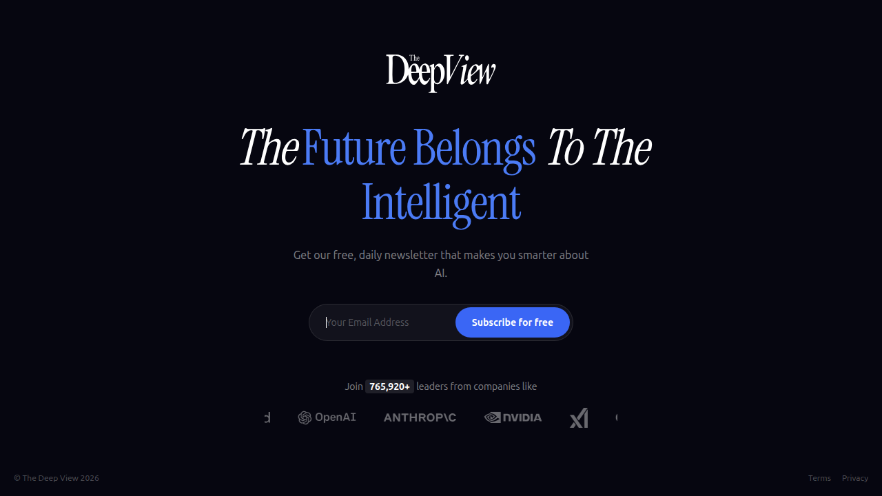 The subscription page for The Deep View newsletter, offering daily updates and deep dives into AI and tech policy.